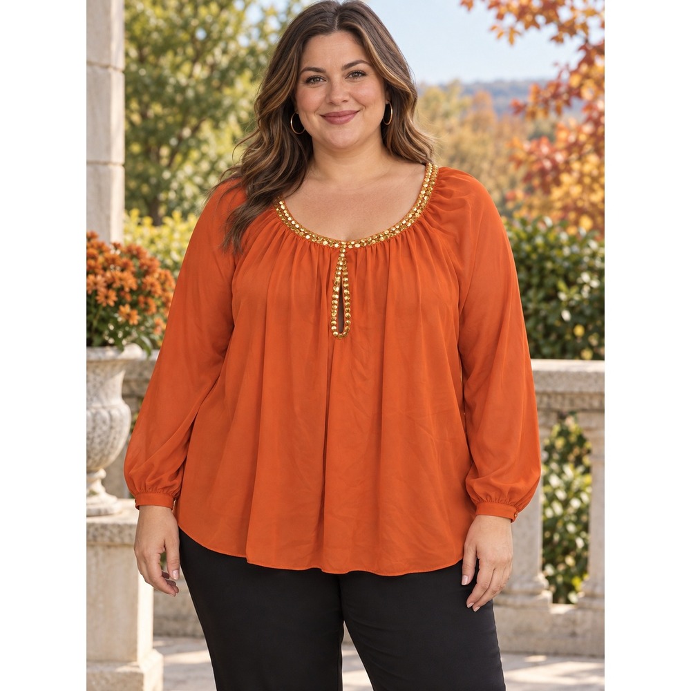 MICHAEL Michael Kors Blouse Women 3X Rust Orange Gold Chain Neck Classic